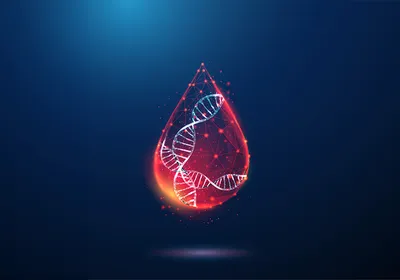 Conceptual wireframe image of DNA inside a drop of blood drop on a dark background.